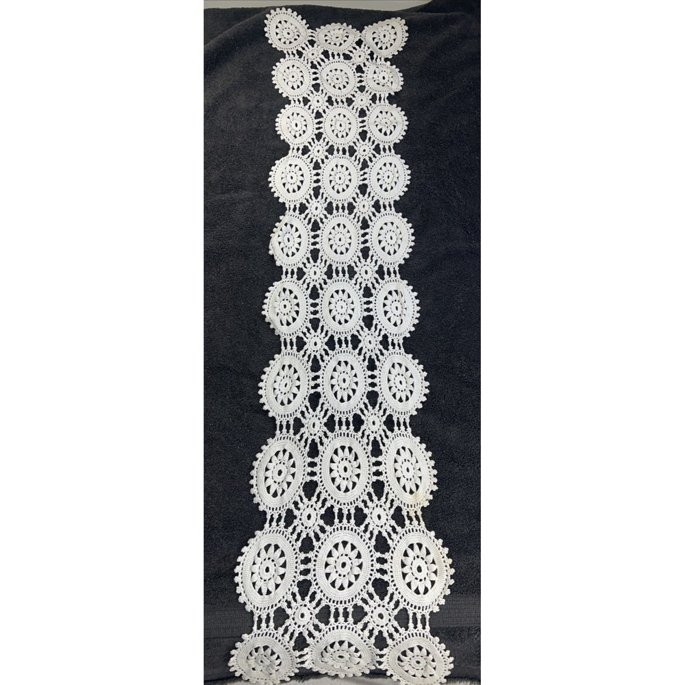 Vintage Hand-Crocheted Ivory Table Runner, Dresser Scarf 52 X 12 Cottage Core